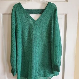 Emerald Green Cabi Long Sleeve Blouse with Navy Blue Flowers